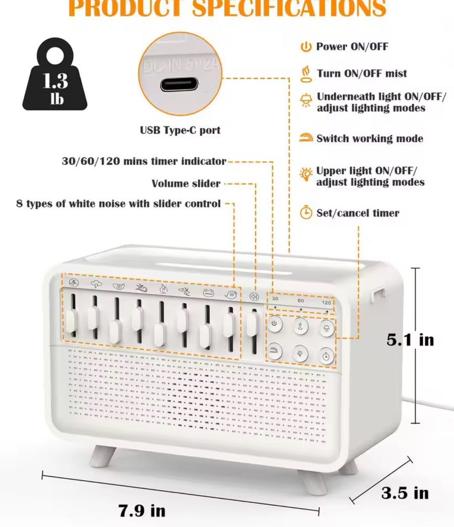 Bluetooth White Noise Machine with Aroma Diffuser,Humidifier & Night Light |8 Natural Sounds,3-Level Dimming for Sleep Therapy
